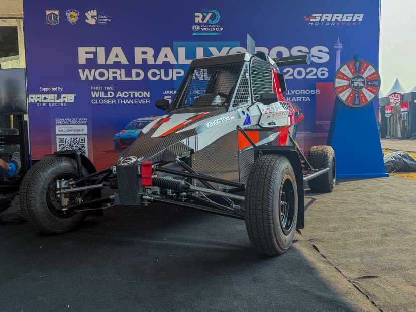 SARGA Motorsport RX5 car displayed in front of FIA Rallycross World Cup Indonesia 2026 signage